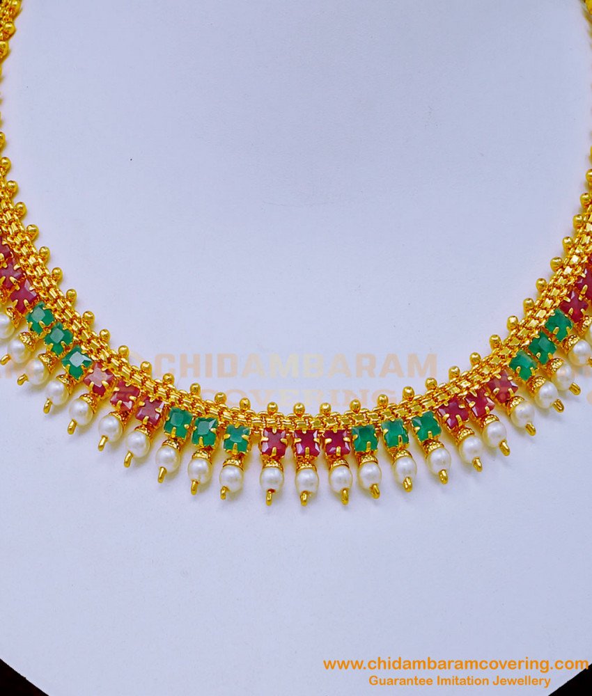 NLC1044 - Latest Party Wear 1 Gram Gold Ruby Emerald Stone Pearl Necklace for Lehenga