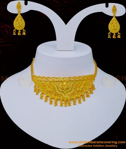Nlc1055 - Latest Choker Necklace Design Bridal Wear Light Weight Forming Gold Choker with Earrings