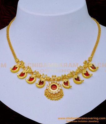 NLC1091 - Traditional Kerala Jewellery Gold Plated Red Palakka Necklace Gold Design