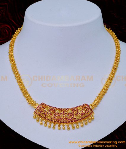 NLC1131 - Latest Collection Flower Model 1 Gram Gold Ruby Necklace Design for Ladies