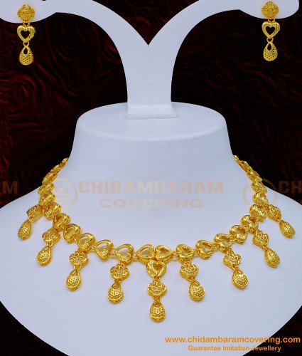 NLC1147 - Simple Light Weight Dubai Choker Gold Plated Necklace Set Design 
