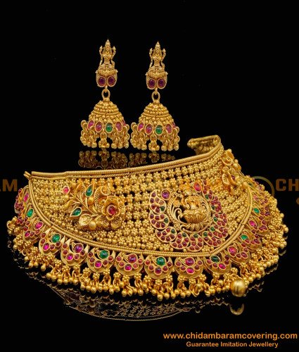 NLC1216 - Beautiful Gold Design Antique Choker Necklace Set for Wedding