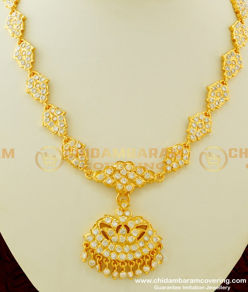 NLC256 - Impon Full White Ad Stone Flower Design Bridal Attigai Necklace Thick Metal Jewellery Online