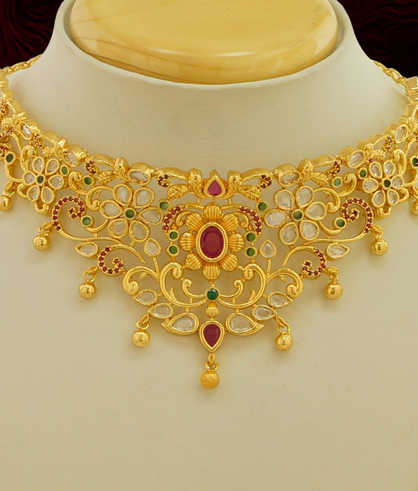 NLC259 - Uncut Diamond Style Choker Necklace with Earrings Set One Gram Gold Choker Necklace Buy Online