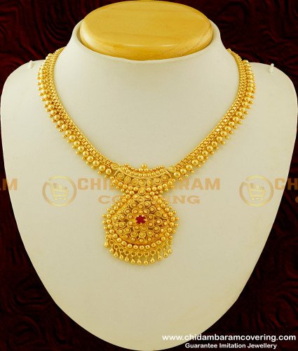 NLC272 - Ruby Stone Hanging Golden Beads One Gram Gold Necklace Design Online