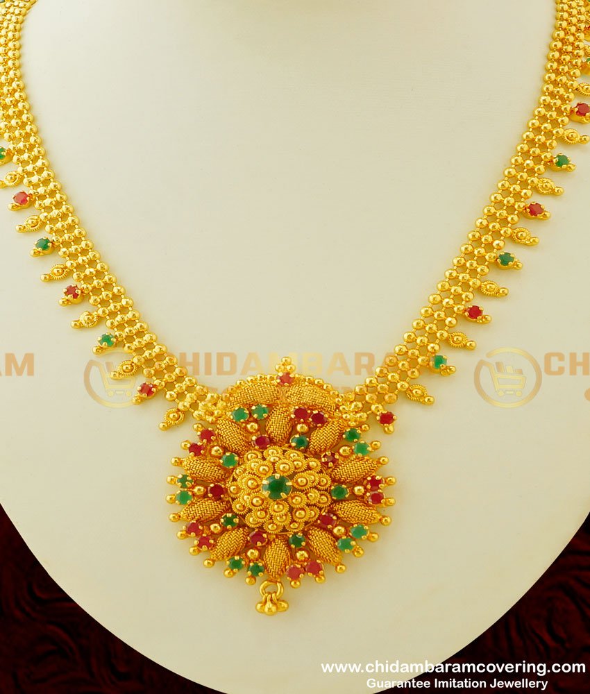 NLC303 - One Gram Gold Plated Semi Precious First Quality Ruby Emerald Stone Necklace for Women 
