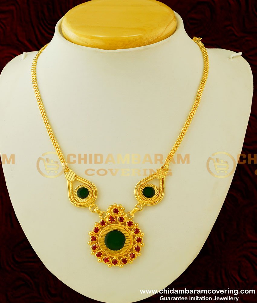 NLC337 - One Gram Gold Light Weight Ruby Stone Palakka Necklace Kerala Necklace Designs Online