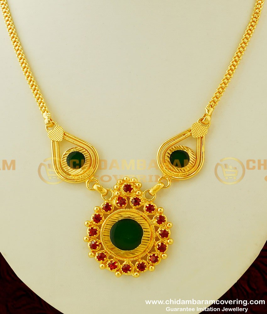 NLC337 - One Gram Gold Light Weight Ruby Stone Palakka Necklace Kerala Necklace Designs Online