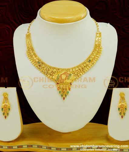 NLC385 - Attractive New Enamel Forming Gold 2 Gram Gold Plated Necklace Design with Earring Combo Set Collection 
