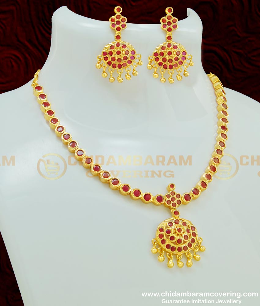 NLC409 - Beautiful First Quality Full Ruby Stone Attigai With Earring Necklace Set Micro Plated Jewellery