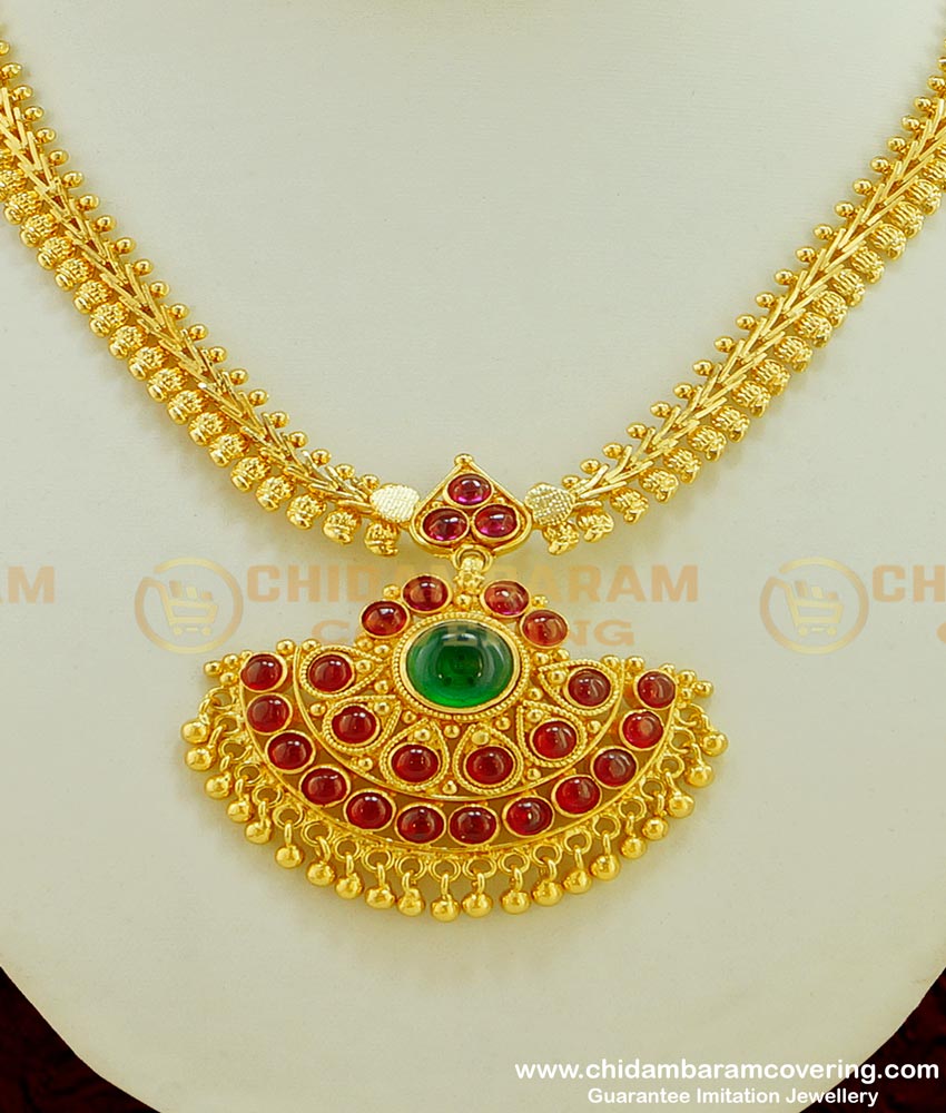 NLC411 - Real Gold Design Bridal Wear First Quality Attractive Impon Ruby Emerald Big Dollar Attigai Necklace Online