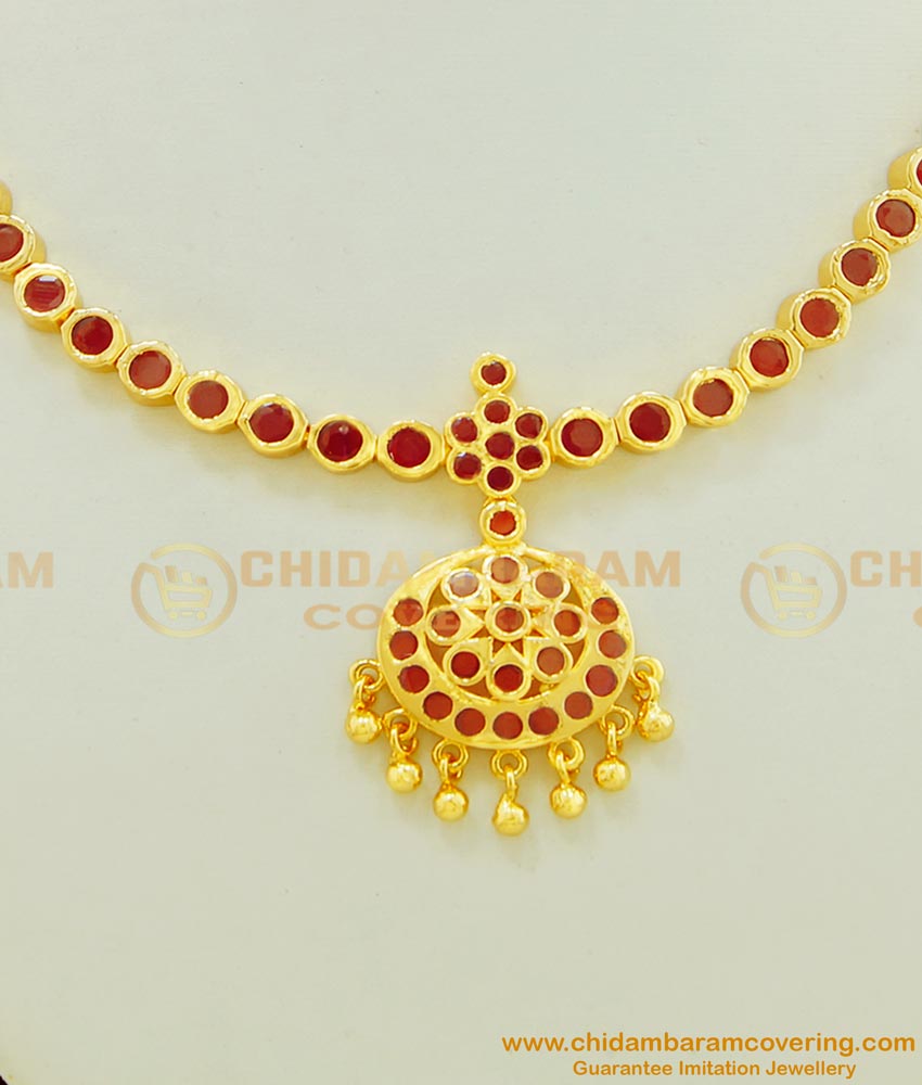 NLC468 - Traditional Full Red Stone Flower Design Attigai High Quality Necklace Online