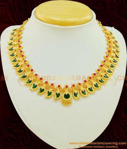 NLC507 - Attractive Real Gold Design Kerala Traditional Full Neck Green Palaka Mango Necklace Design Buy Online