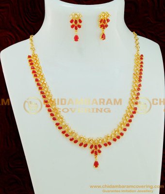 NLC524 - New Arrival Chidambaram Covering Light Weight Ruby Gold Necklace Design with Cute Earring Set for Ladies  