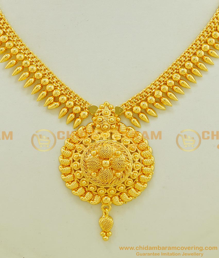 NLC537 - Gold Design Simple Net Pattern Dollar Mullamuttu Necklace Design for Women