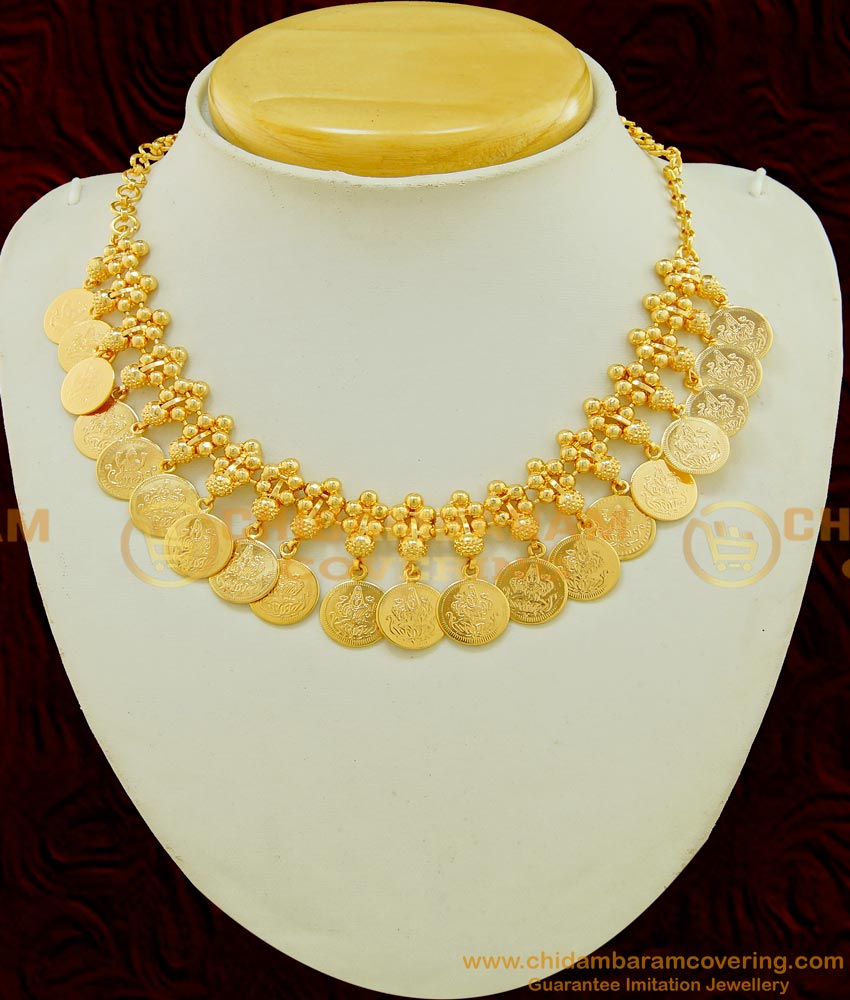 NLC538 - New Model One Gram Gold Plated Handmade Hanging Lakshmi Coin Necklace Designs Online