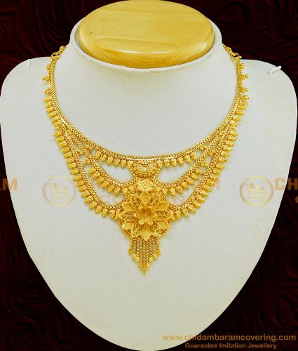 NLC568 - Latest Gold Inspired Chidambaram Covering 3 Line Necklace Bridal Wear Jewellery Online