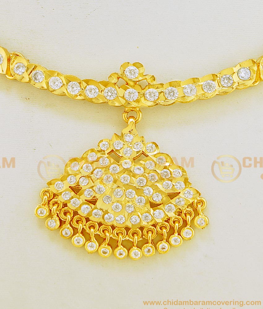 NLC626 - Traditional gold Design First Quality Full White Stone Five Metal Impon Attigai Necklace for Wedding