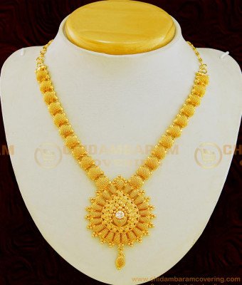 NLC641 - Kerala Style Net Design White Stone Jewellery Gold Covering Necklace 
