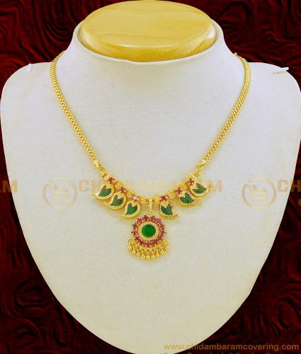 NLC645 - Kerala Traditional Jewellery Stunning Gold Light Weight green Palakka Necklace Online