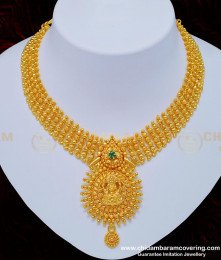 NLC757 - Beautiful Lakshmi Design Emerald Stone Marriage Bridal Gold Necklace Designs Buy Online