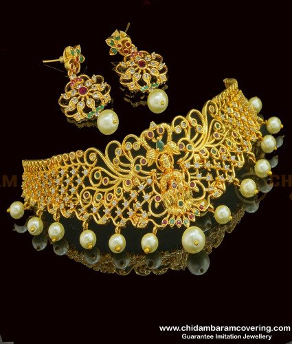 NLC767 - Gold Plated Bridal Wear Ad Stone Lakshmi Design Small Choker Necklace with Earing Set Online
