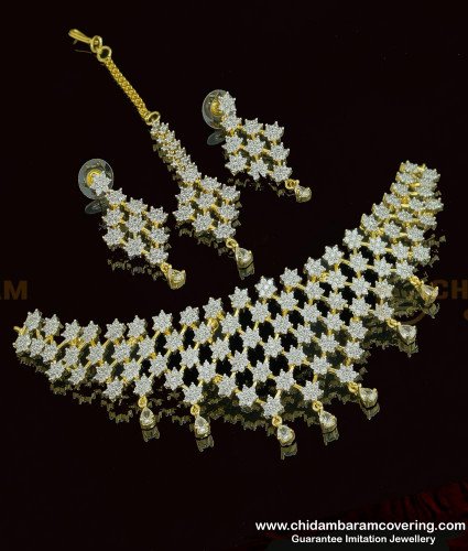 NLC770 - Elegant Modern Platinum Diamond Necklace White Stone One Gram Gold Choker Necklace Set  