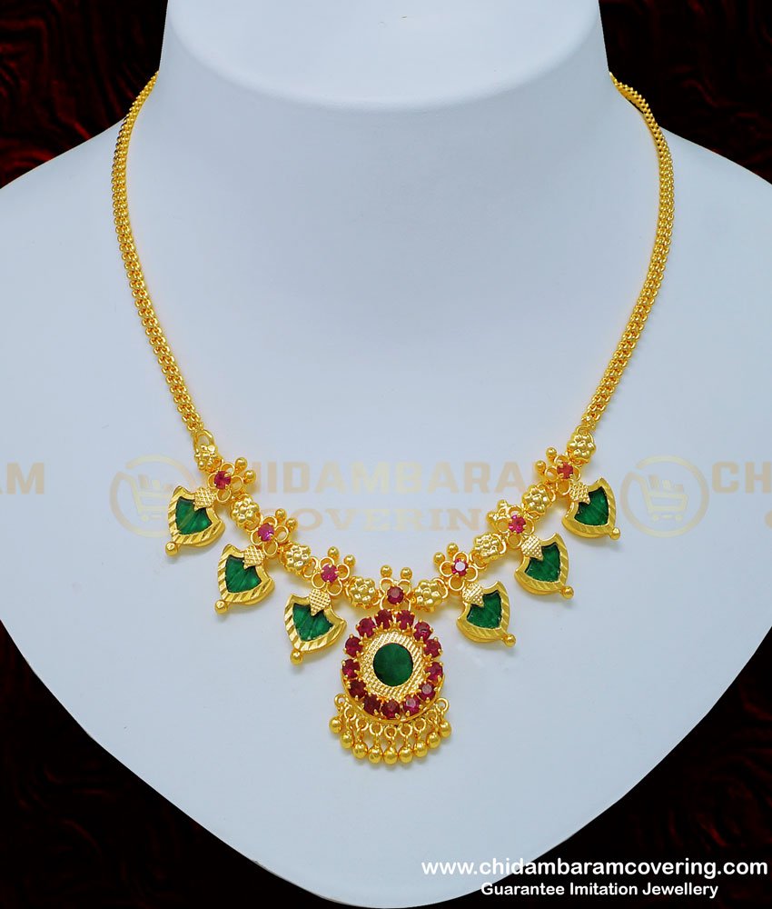green palakka, palakka mala, palakka necklace,palaka necklace, kerala jewellery, one gram gold jewelry, gold covering, chidambaram covering,  