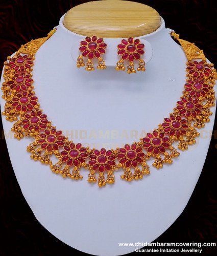 NLC811 - Beautiful Temple Jewellery Flower Design Pink Stone Choker Necklace Buy Online