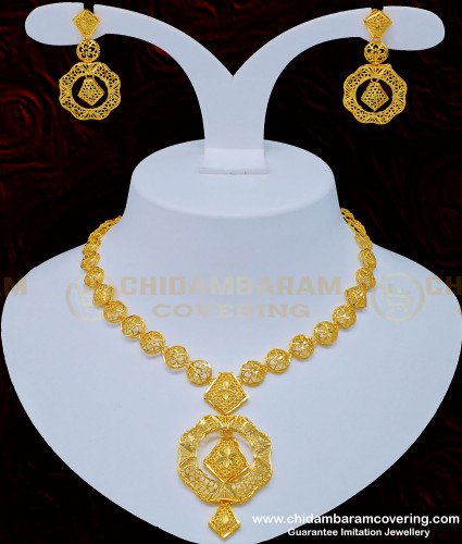 NLC819 - Latest Dubai Gold Necklace Design Light Weight Flexible Necklace with Earring Imitation Jewellery