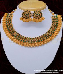 NLC829 - Latest Handmade Kemp Green Stone Lakshmi Kasumalai Nagas Necklace Set 