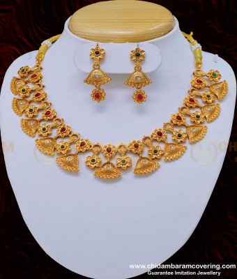 NLC837 - Function Wear Earring Design Multi Stone Antique Necklace Set Low Price Temple Jewellery 