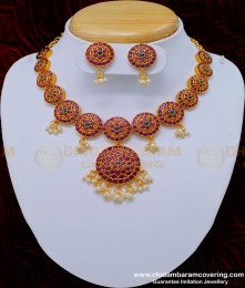 NLC841 - First Quality Real Kemp Stone Bridal Wear Temple Jewellery Pearl Beads Attigai Necklace with Earring  