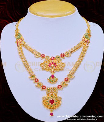 NLC872 - Grand Look One Gram Gold First Quality Double Layer Ad Stone Necklace for Wedding  