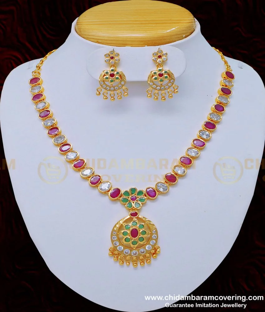 Buy Wedding Gold Necklace Design American Diamond White and Ruby ...