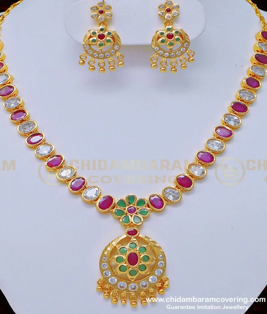 Buy Wedding Gold Necklace Design American Diamond White and Ruby ...