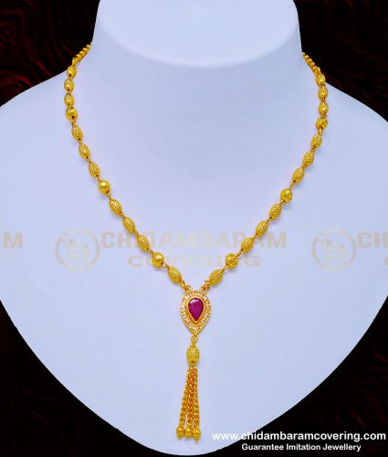 NLC896 - 1 Gram Gold Simple Full Golden Beads with Stone Pendant Short Necklace for Women