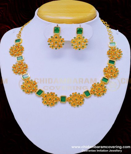 NLC913 - Beautiful Kerala Jewellery Gold Plated Flower Design Green Stone Necklace Set for Wedding 