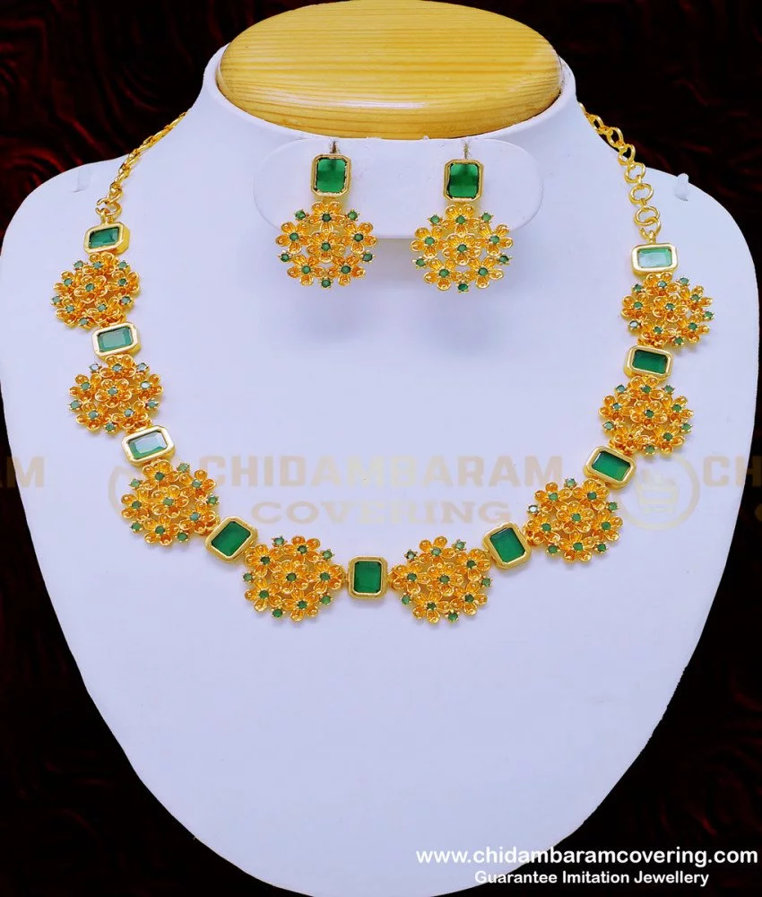 Premium Quality Red,Green Stones Saradu Addigai&Mango,Jumka Earrings Design Gold  Necklace Set Online-