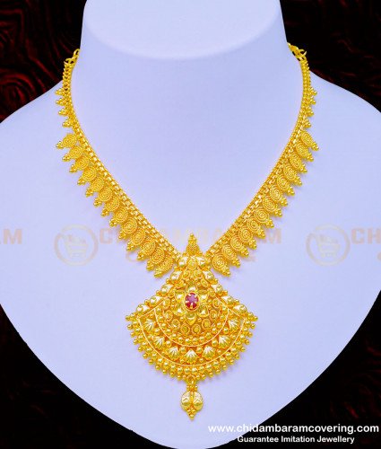 NLC934 - Marriage Bridal Gold Necklace Design Ruby Stone Gold Covering Necklace Online