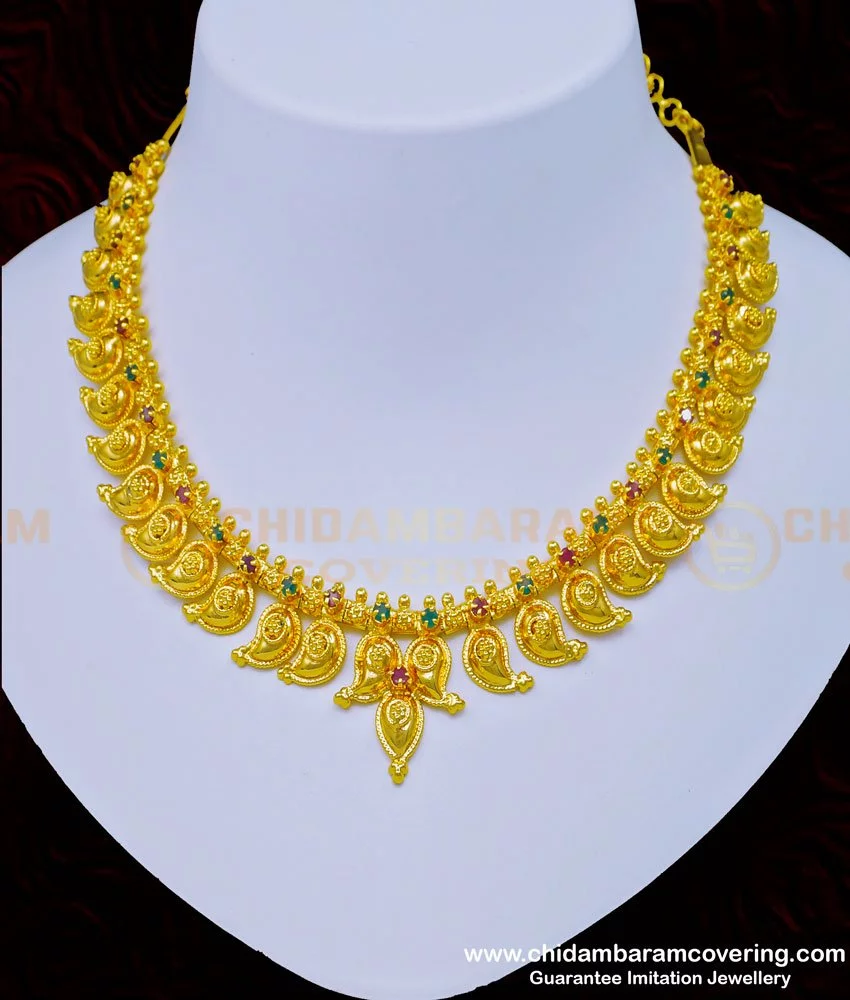 Buy Gold Design Ruby Emerald Stone Mango Necklace Designs Covering ...