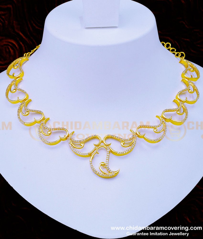 rose gold necklace, rose gold necklace set, white stone jewellery, white stone necklace, ad necklace set, imitation necklace set, artificial necklace set, 