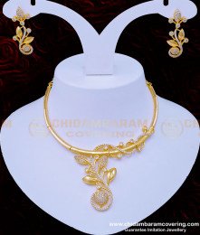 NLC948 - Beautiful Real Diamond Design White Stone Sri Lankan Necklace with Earrings