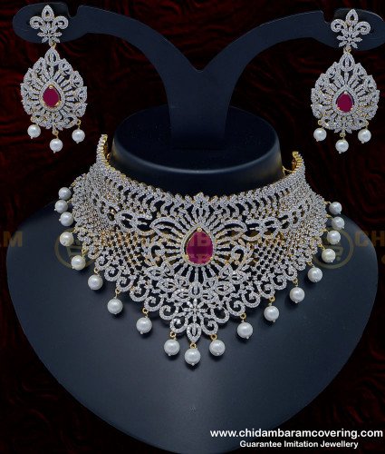NLC952 - First Quality Heavy Diamond Choker Necklace with Earrings Set for Reception