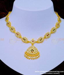 NLC956 - Traditional Multi Stone Impon Gold Attigai Design Necklace for Wedding 