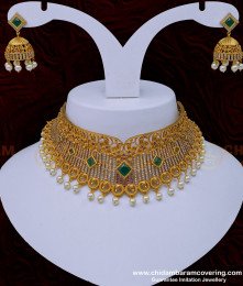 NLC964 - Beautiful Ad Stone Antique Choker Necklace Set First Quality Antique Jewellery for Wedding  