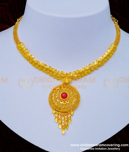 NLC974 - Gold Design Indian Bridal Ruby Stone Forming Gold Necklace Imitation Jewellery