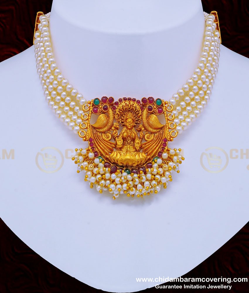 fashion-jewellery-temple-necklace-negas-necklace-nagas-jewellery-temple-jewellery-antique-jewelry,Lakshmi necklace with price, pearl necklace set,