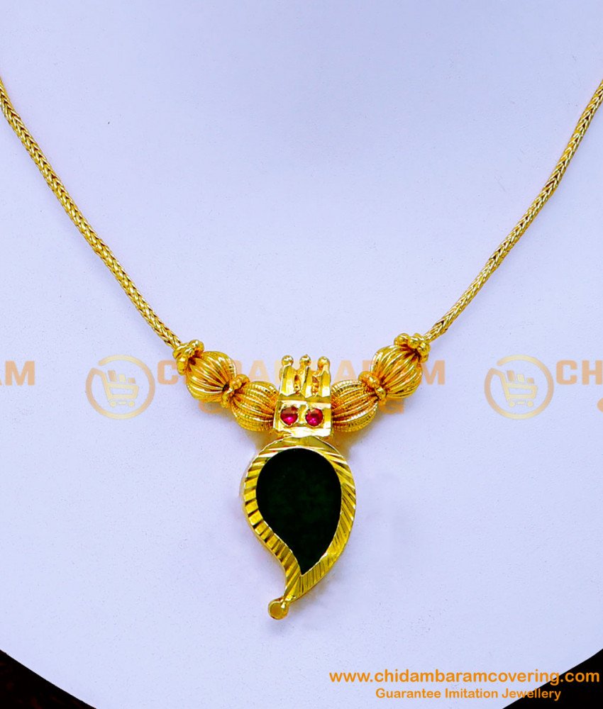 green palakka, single palakka pendant gold, palakka manga locket, one gram gold palakka necklace, gold plated palakka necklace, single palakka mala