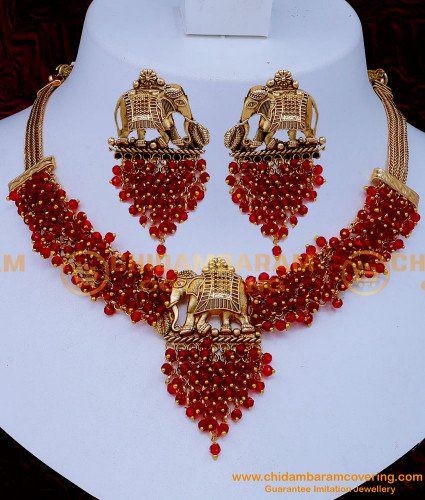 NLC1279 - Beautiful Red Beads with Elephant Design Antique Necklace Set